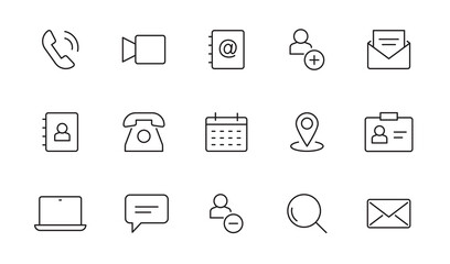 Contact, address line icon set. Mail, telephone adress, message symbol for website button. Editable stroke thin line design icon set. Vector illustration.