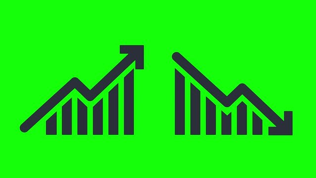 The fall and rise of stocks on the stock exchange. Trading. Arrows with graph up and down. Green background, 4K.