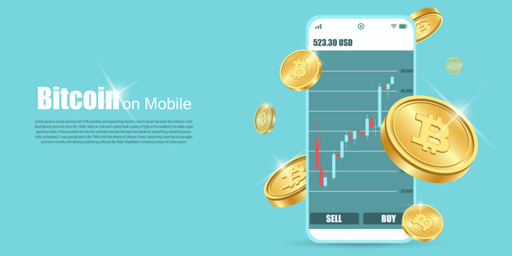 gold bitcoin with mobile on background copy space cryptocurrency technology concept