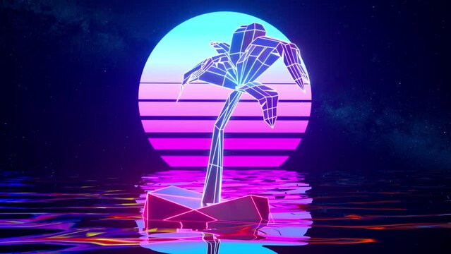 Neon palm tree on a retro background. Water surface. Blue pink color. 3d animation of seamless loop