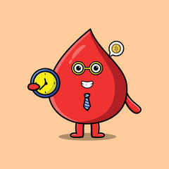 Cute cartoon blood drop character holding clock with happy expression in concept flat cartoon style