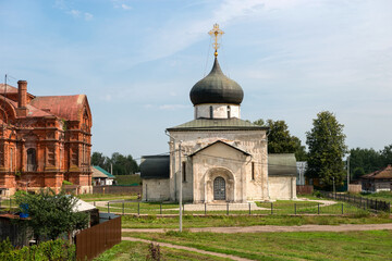 St. George's Cathedral and white stone carvings on the walls. Yuryevsky Kremlin (Archangel-Mikhailovsky Yuryevsky monastery). Yuryev-Polsky town, Vladimir region, Russia