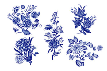 .Set of isolated blue and  white Chinese style bouquets(various flowers, leaves, twigs, curls, butterfly). Vector clipart. Isolated design objects.