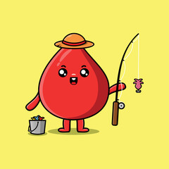 Cute cartoon blood drop ready fishing wearing fishing equipment cartoon character in concept flat cartoon style