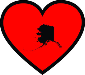 Black Map of US federal state of Alaska inside red heart shape with black stroke