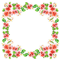 Frame of watercolor flowers on white background. 