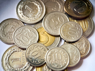 Background of Polish zloty coins in close-up. Currency of Poland