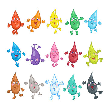 Collection of funny drops of colorful liquids. Different colors, poses and emotions. Set in cartoon style. Isolated on white background. Vector illustration.