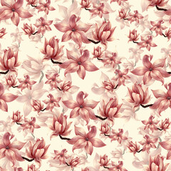 Seamless pattern with pink flowers magnolia on pink background.