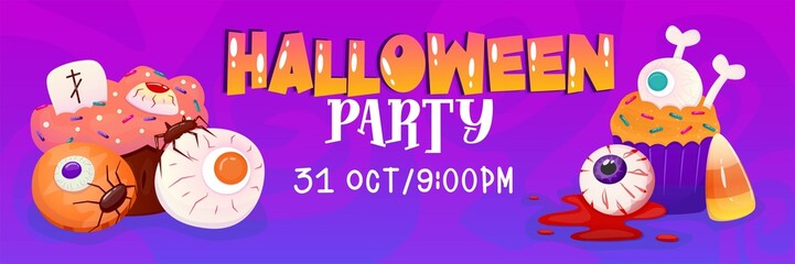 Happy halloween template banner background with sweet and candy, cake. Vector cartoon illustration. Dark purple background. Happy halloween. Vector design