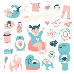 Potty training set. Toilet training items for kids. Hand drawn vector illustration.