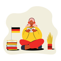 Vector illustration of people learning German. Distance education in Germany is the concept of online training courses. A schoolboy is reading a book with cartoon characters. Teaching foreign language