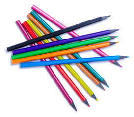 Colorful drawing pencils on white background isolation, top view