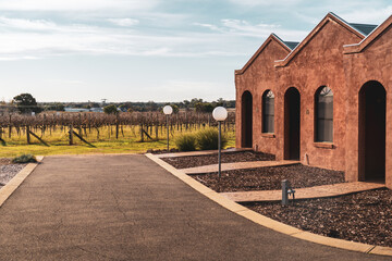 brick cabins next to empty vines