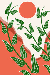 the sun, mountains, and leafy branches are featured in a stylized nature illustration.