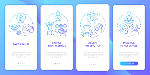 Emotional regulation skills blue gradient onboarding mobile app screen. Walkthrough 4 steps graphic instructions with linear concepts. UI, UX, GUI template. Myriad Pro-Bold, Regular fonts used