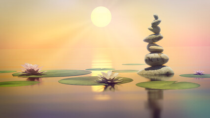 lotus flowers the setting sun seven stones wealth and luck. the concept of meditation and spa. yoga...