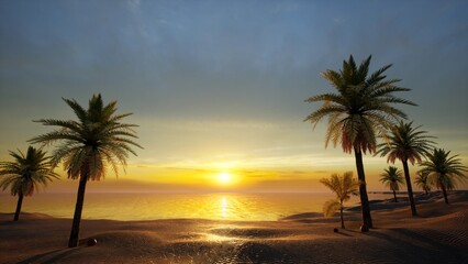 Naklejka na ściany i meble 3d image. Beautiful beach with palm trees at sunset, tropical landscape panorama, sea sunset, 3d rendering
