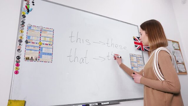 Female english tutor in casual wear writing on whiteboard grammar rules during lesson. Concept of people, education and foreingn language.