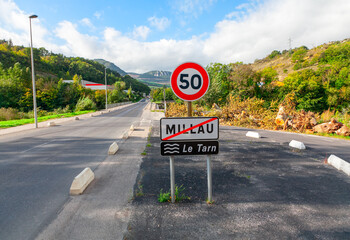 Millau France Road Sign . Highway in Millau town  in the Aveyron department in the Occitanie region...