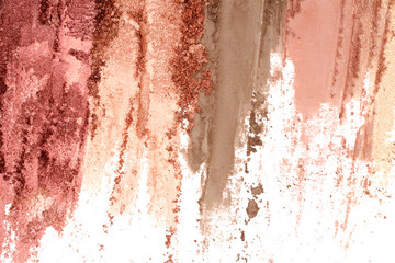 Broken and smashed make-up eyeshadow pallete, lay of brush strokes, close-up for background, top view - obrazy, fototapety, plakaty