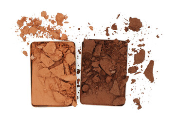 Broken and smashed make-up eyeshadow pallete on white background, top view