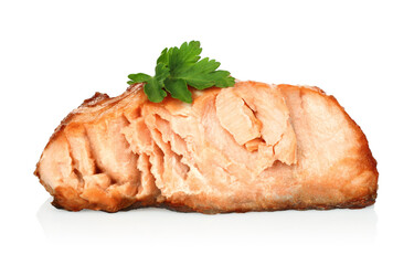 Bitted fry Salmon fish steak whith green scum, on white background