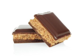 Dark chocolate bars with nuts, isolated on white background