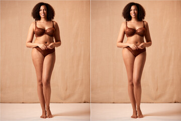 Composite Shot Showing Photo Of Woman In Underwear Before And After Retouching