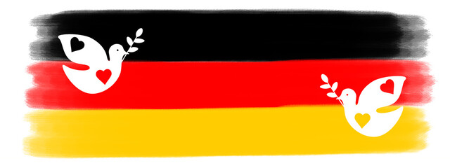 German flag illustration - Abstract black red yellow brushstroke paint in the colors of the flag of Germany, isolated on white background, with peace glove symbols