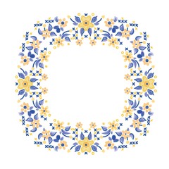 Watercolor floral wreath yellow blue colors,folk embroidery isolated on white background