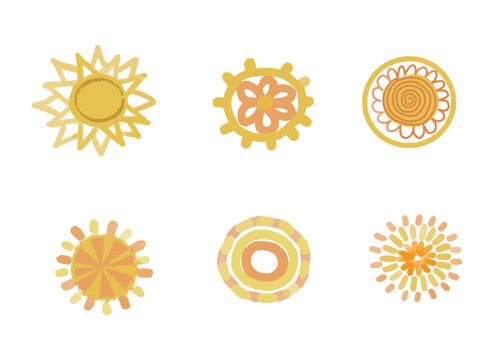 vector sun shapes. Rising sun, sunset, dawn illustrations set. Fire colors round shape, watercolour stains. Orange red yellow circle, flaming crown frame. Maslenitsa.