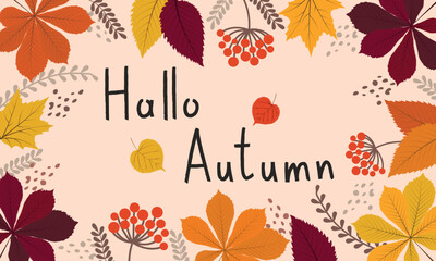 Flat hello autumn background. Vector drawing in the cartoon style.