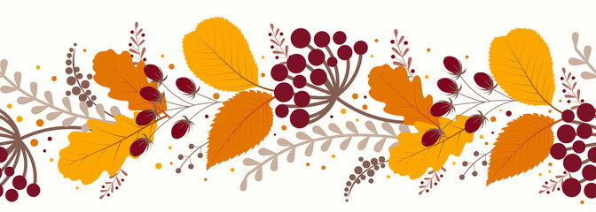 Fototapeta na wymiar Seamless autumn hand-drawn border. Wreath for website header background. Vector illustration