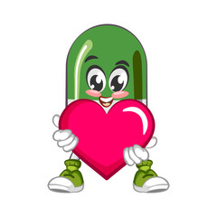 vector illustration of cute capsule mascot hugging pink heart