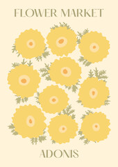 Flower market poster. Floral vector card. Boho style decor, minimalist flowers art. Botanical print flowers in a vase.  Art for for postcards, wall art, banner, background. Stock vector illustration.