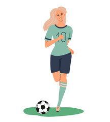 Smiling girl soccer player running kicking a ball with the number 10 on a t-shirt. Front view. Woman playing football. Colorful female character isolated on white background. Vector illustration.