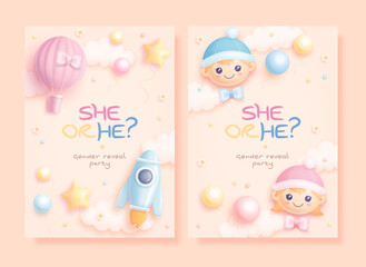 He or she. Boy or Girl. Set of cartoon gender reveal invitation template. Vertical banner with realistic toys and helium balloons. Vector illustration