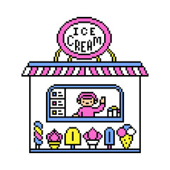Pixel art ice cream kiosk, parlor, restaurant building isolated on white background. Desserts to go. Old school retro 80's-90's 8 bit slot machine, video game graphics. Street food place. Fair cafe.