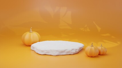 White stone podium with pumpkin, Natural light from windows and maple leaves shadows, Minimal empty pedestal scene mockup, Trendy Halloween promotion product display, 3D rendering illustration concept