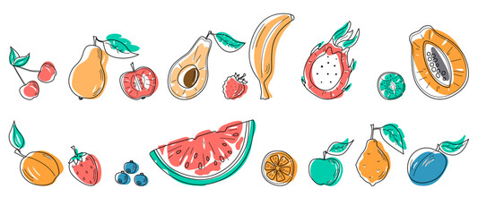 Set of vector sketches of fruits and berries.Hand drawing. Colorful Decorative vector line collection, farm product for restaurant menu. Avocado, blueberry, cherry, watermelon,  etc.
