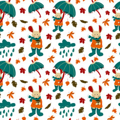 Childish autumn seamless pattern. Mouse in scarf, coat and rubber shoes with umbrella between leaves. Vector doodle print for fabric, textile, wrapping paper, wallpaper, nursery