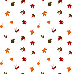 Autumn leaves and berries seamless pattern. Vector doodle print for fabric, textile, wrapping paper, wallpaper