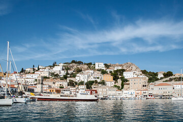 Fototapeta na wymiar Port of small Mediterranean island town view in clear sunny summer day