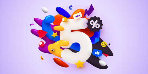 5 percent Off. Discount creative composition. 3d sale symbol with decorative objects. Sale banner and poster. 