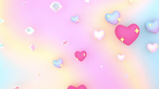 Looped 3d cartoon bling bling hearts and diamonds popping up against soft pastel wavy rainbow pattern background animation.