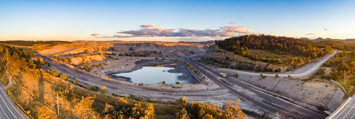 panorama aerial view of open cut coal mine in singleton area of the Hunter Valley