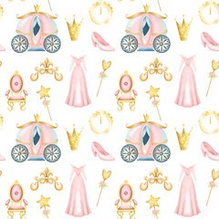 Seamless pattern of fairy tale princess elements, illustration on a white background