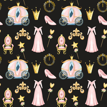 Seamless pattern of fairy tale princess elements, illustration on a dark background