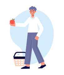 Cute man with shopping basket choosing apples in the market shop. Vector flat modern minimalist illustration